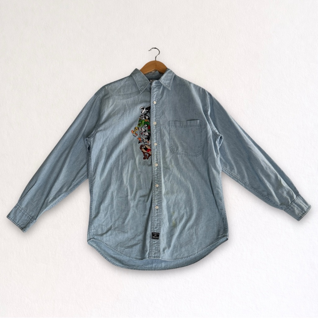 Warner Bros Looney Tunes Denim Button Up Shirt Embroidered Adults Small